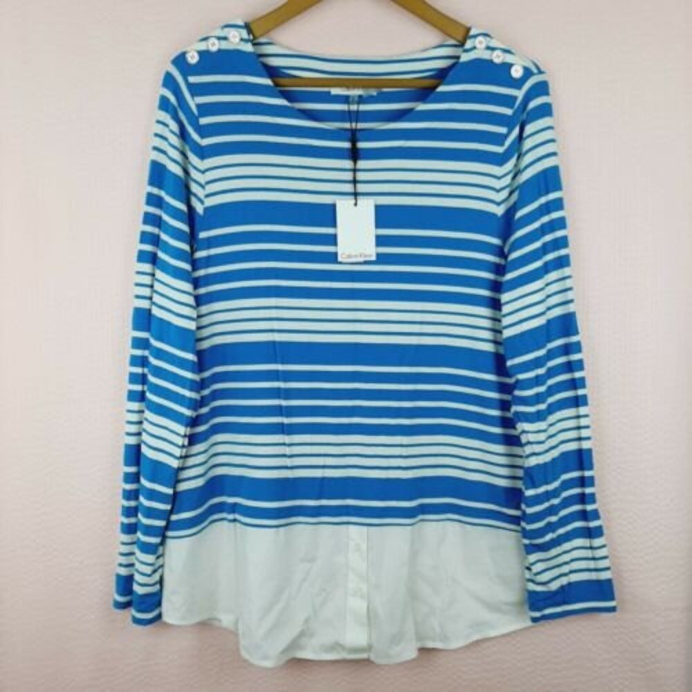 NEW Calvin Klein Women Layered Knit Long Sleeve Top Woven Button Shirt Size L